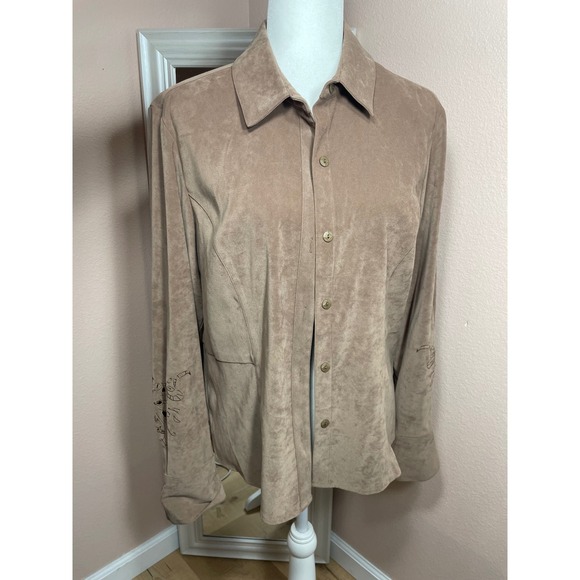 Norton McNaughton Tops - Norton McNaughton Womens Faux Suede Embroidered Button Down Shirt Taupe Size 8